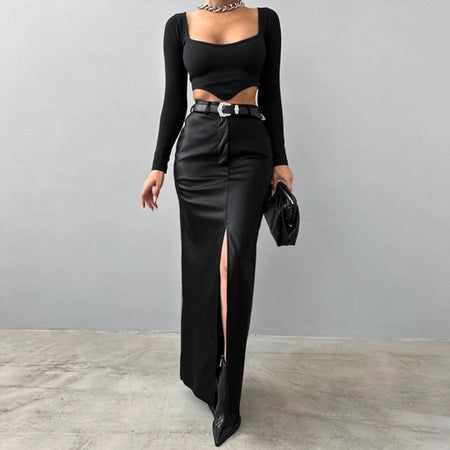 Women High Waist PU Leather Skirts Ladies Solid Slim Maxi Long Skirts