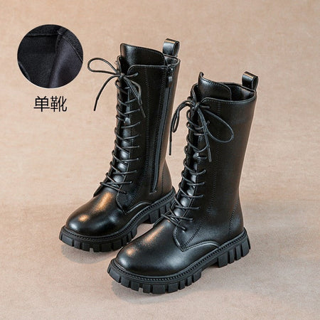 2025 Autumn/Winter  Fashion Cool Baby Girls Warm Square Heel Round Toe Casual Lace-Up Comfortable Kids Black Mid Boots