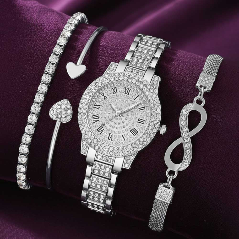 4 Pieces Fashionable Luxury Women's Watch Set with Rhinestone Roman Numbers Round Dial Watch Quartz Bracelet Perfect Gift Set