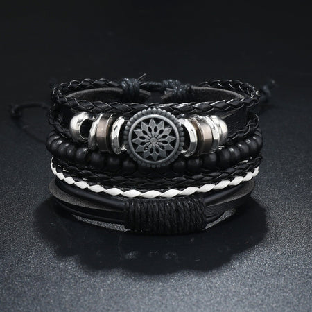 4Pcs/ Set Braided Wrap Leather Bracelets for Men Vintage Life Tree Rudder Charm Wood Beads Ethnic Tribal Wristband Rope Bracelet