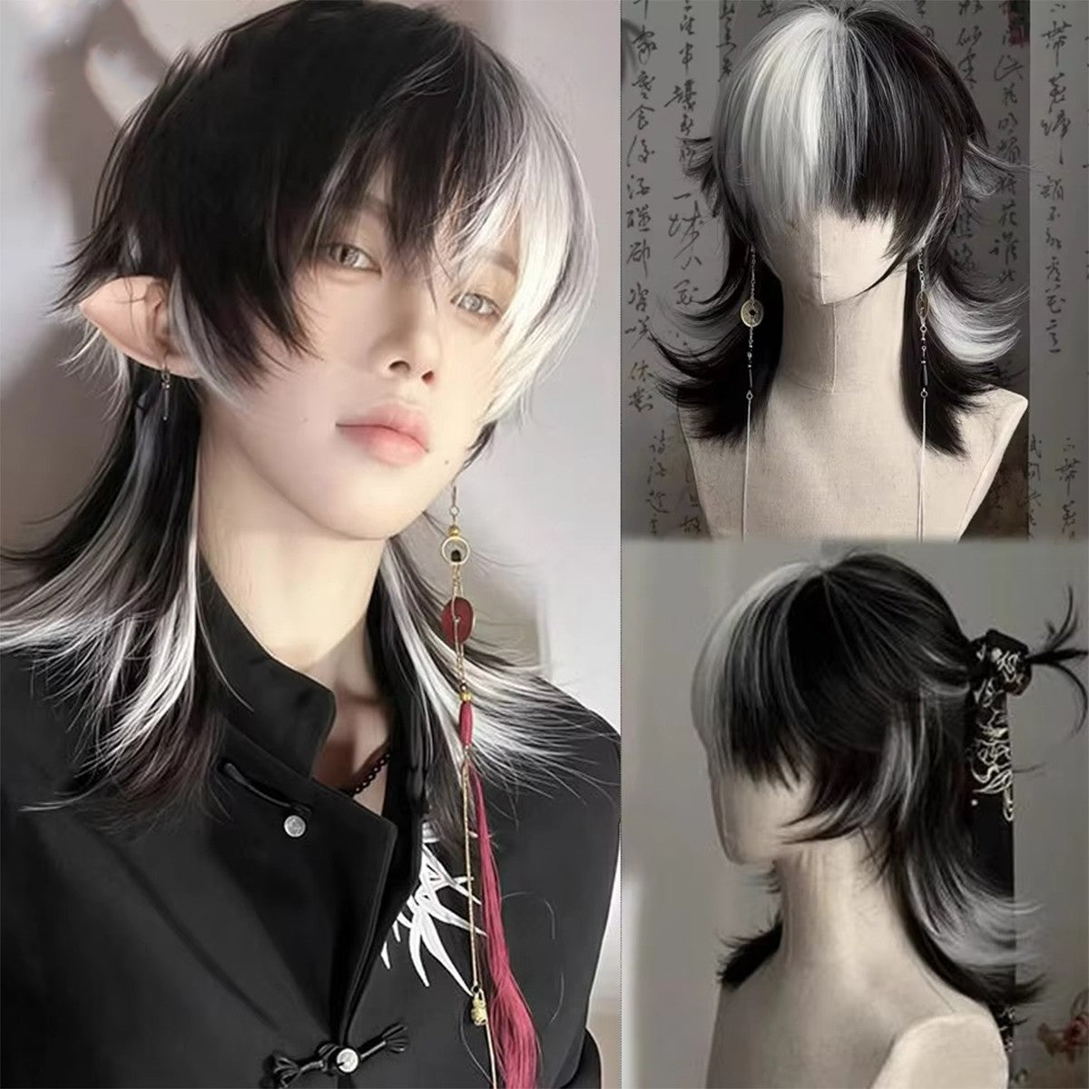 Mullet Head Wig Short Synthetic Straight golden black Fluffy Natural Wolf Tail Hair Men and Women Wig for Daily Party Cosplay