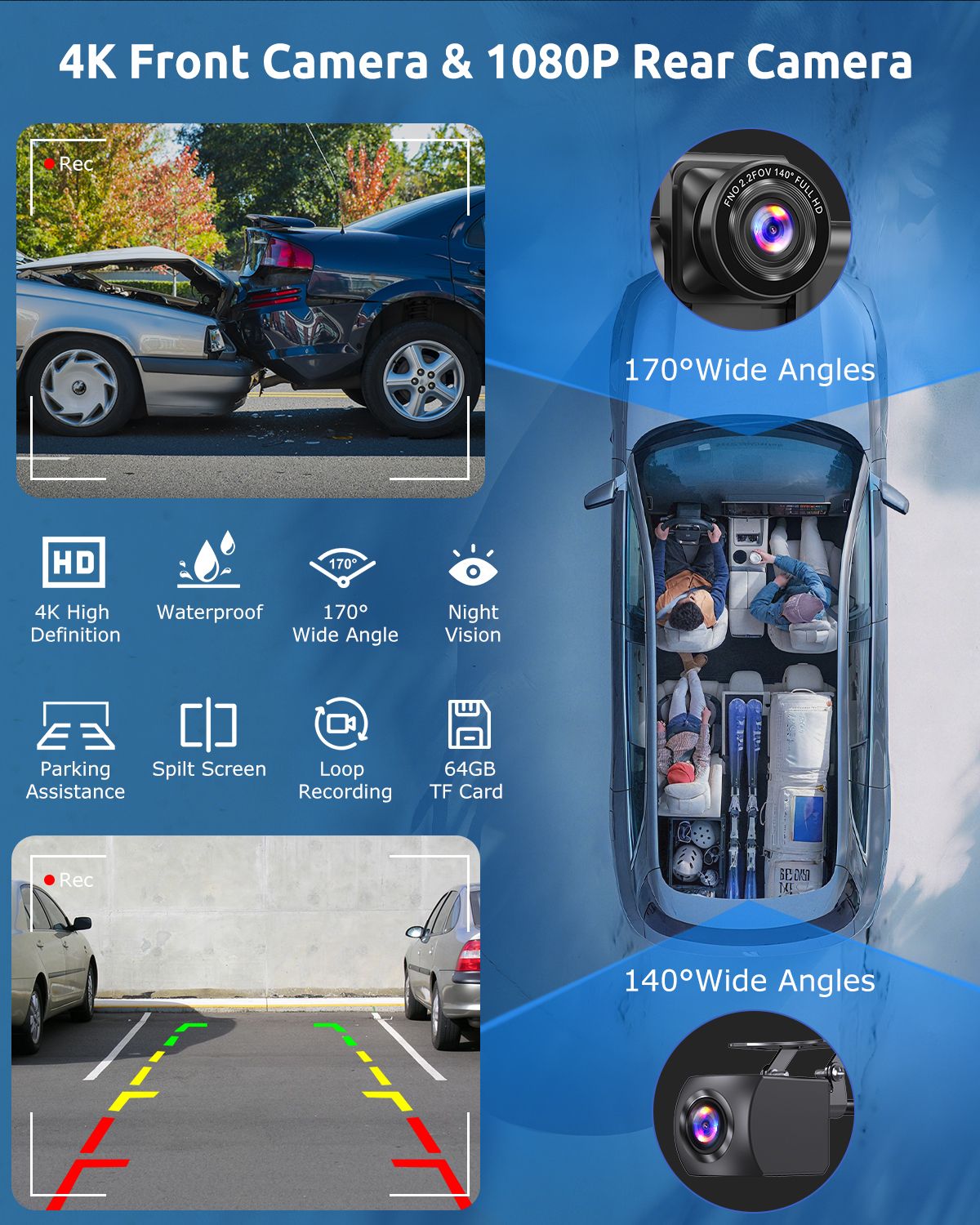 10.26" 4K 64GB Dash Cam Touch Screen Car Stereo Rearview Wireless Apple Carplay Android Auto Dual Len Recorder Dashboard