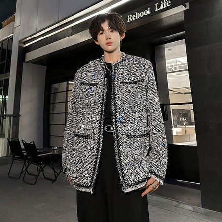 Korean Fashion Shiny Sequin Jacket Sliver Round Collar Long Sleeve Jackets Coats Autumn New Ladies Gentleman High Street