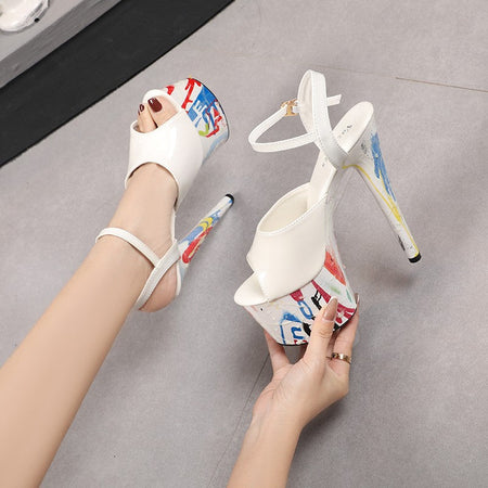 17CM Summer Shoes Women luxury Sandals Platform Ladies Shoes Stripper Womens High Heels Geometric Fluorescent Night light Heels