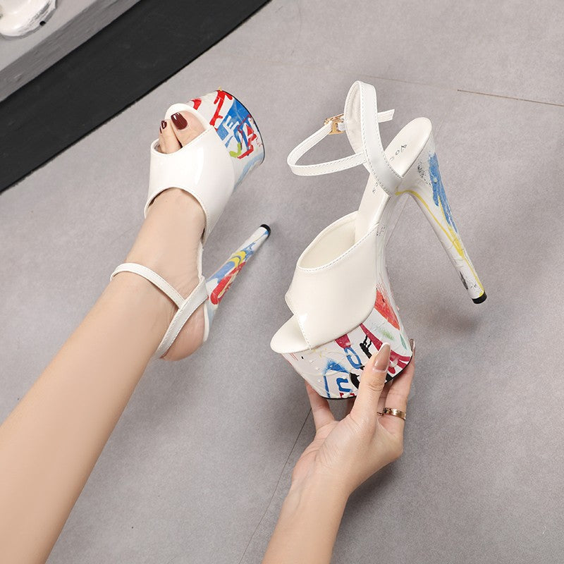 17CM Summer Shoes Women luxury Sandals Platform Ladies Shoes Stripper Womens High Heels Geometric Fluorescent Night light Heels
