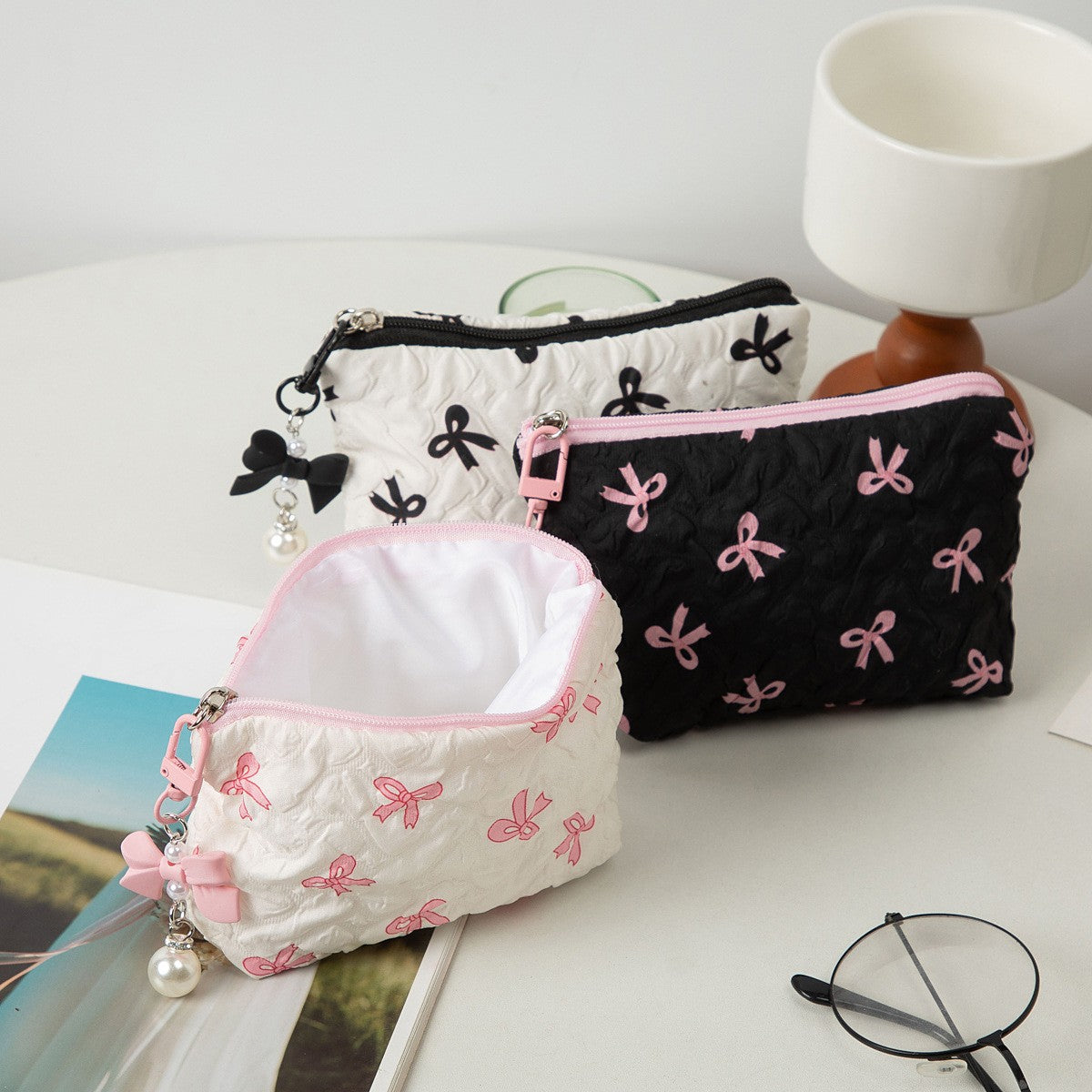 1PC Color Bow Canvas Large Capacity Lipstick Air Cushion Storage Bags Women's Makeup Bag Commuter Handbag Travel Toiletry Bags