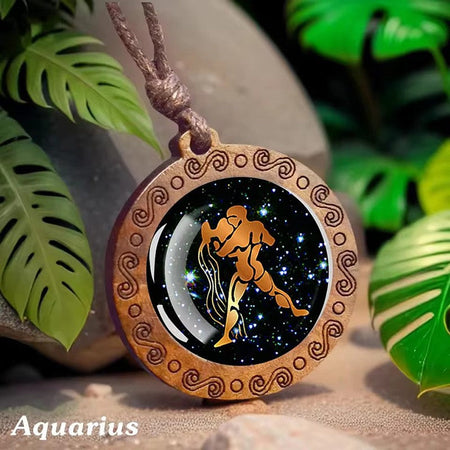 Vintage 12 Zodiac Sign Glass Wooden Necklace Adjustbale Long Rope Chain Necklace Constellation Jewelry