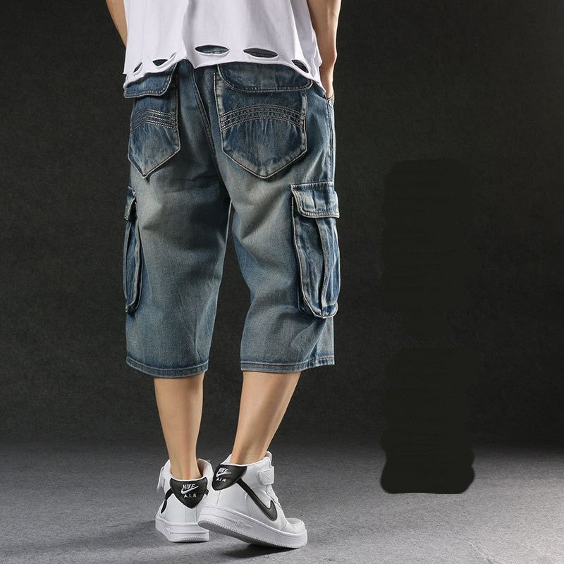 2025 new European and American multi pocket work pants, seven quarter denim shorts, men's wide leg loose oversized trendy brand