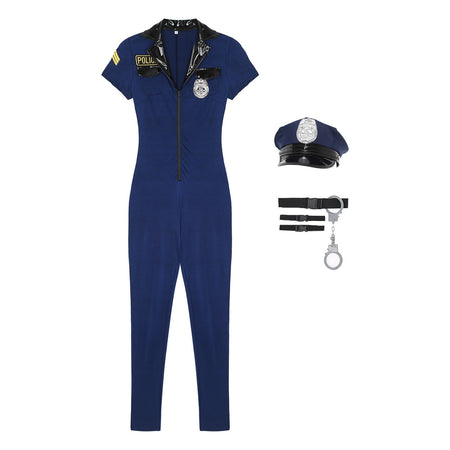 Mens Police Uniform Cosplay Outfits 7-Piece Dirty Cop Officer Costumes Front Zipper Role Play Jumpsuit Hat Belt Manacles Badge