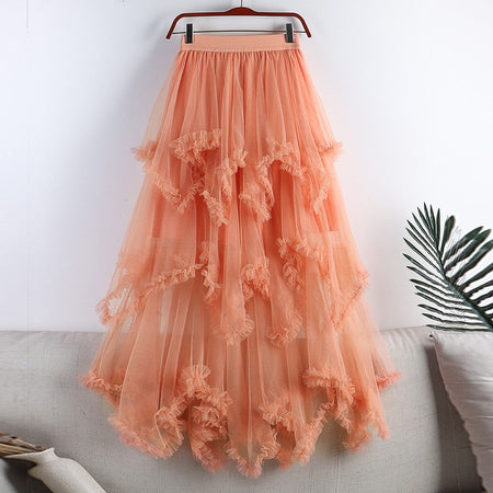 TIGENA Tutu Tulle Long Skirt for Women 2023 New Summer Korean Aesthetic Cute Irregular Mesh High Waist Maxi Skirt Female Purple