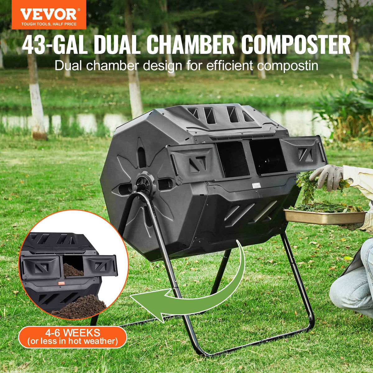 SucceBuy Compost Bin 18.5/37/43Gal Dual Chamber Composting Tumbler BPA FreeComposter Bin Tumbler for Garden Kitchen Yard Outdoor