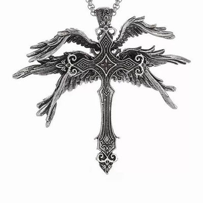 Retro Gothic Jesus Wings Cross Pendant Necklace Jewelry for Men Women Large Vintage Dark Punk Religious Amulet Necklaces Gifts