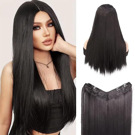 Synthetic long straight V-shaped half head wig suitable for women black brown hair clip gold black brown natural wig