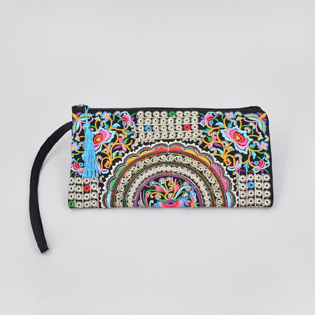 Ethnic Floral Embroidery Long Wallet Wristlet Clutch Bag Phone Vintage Embroidered Wristlet Clutch Evening Bag Wallets for Women