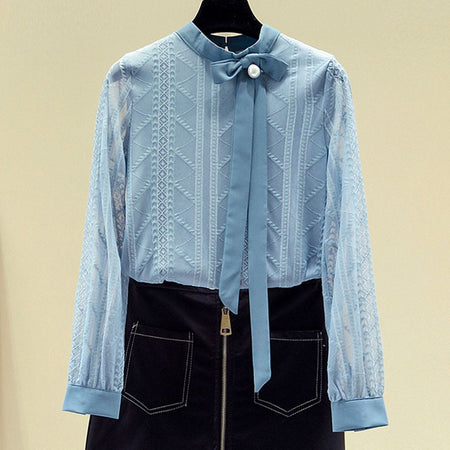 Women Blouse Shirt New Long Sleeve Stand Collar Elegant Lace-up Blouse Shirt Women Tops Blouses Shirts Blusas Camisas 2025 Q687
