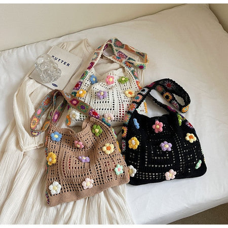 Women's Boho Crochet Bag Designer Flowers Knitted Handbags Large Capacity Summer Beach Woven Shoulder Bag Girls Tote Shopper Bag