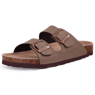 Shevalues Men Classic Leather Sandals Fashion Double Outdoor Beach Shoes Comfort Unisex Cork Footbed Slippers With Arch Support