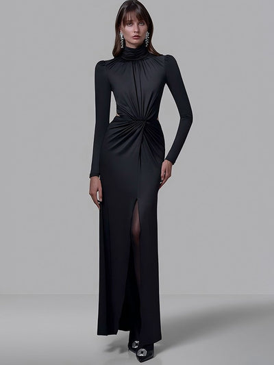 Mozision Turtleneck Backless Sexy Maxi Dress Women Gown Autumn Winter Elegant Long Sleeve Thigh High Split Club Party Long Dress