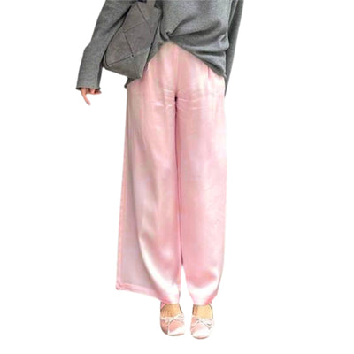 Chic Satin Wide Leg Dress Pants Women's Stylish Elastic Waist Loose Fit Long Trousers for Streetwear Work Solid Color