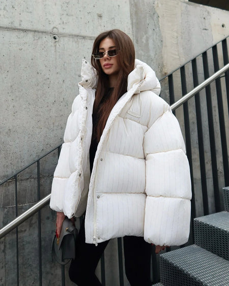 Women's Pinstripe Oversized Puffer Jacket Full Sleeve Detachable Hood Zipper Warm Coat 2025 Autumn Winter Female Casual Wear