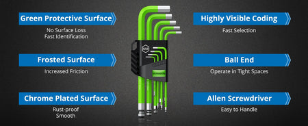 9 PCS Green Allen Wrench Hex Key Set 1.5-10 mm Metric Flat and Ball End Chrome Vanadium Steel and S2 Steel L-key For DIY Repair