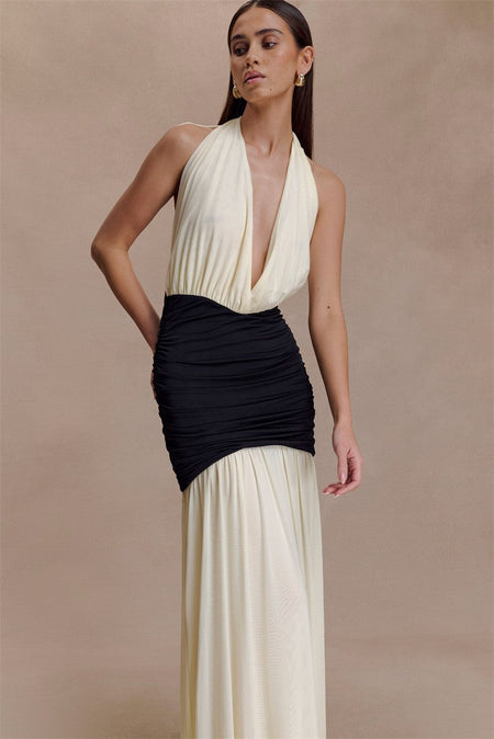 Mozision Patchwork Halter Backless Sexy Maxi Dress Women Gown Elegant Deep V Neck Sleeveless High Waist Bodycon Club Party Dress