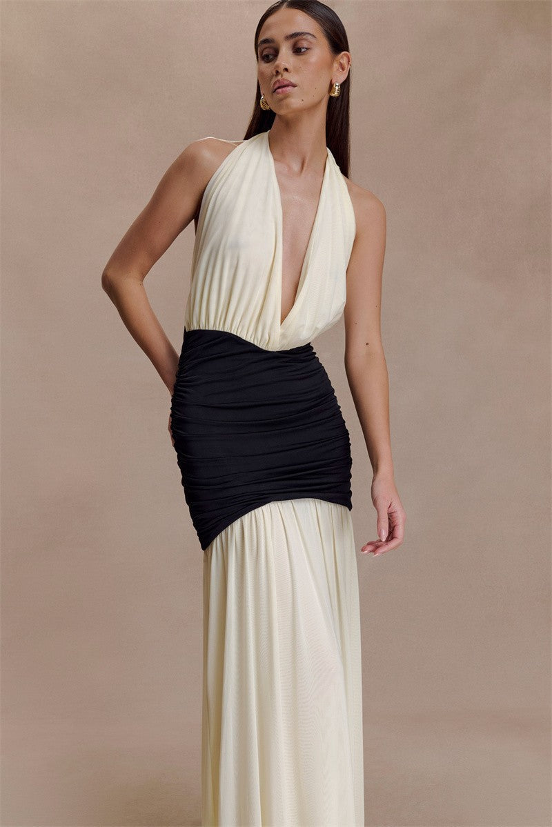 Mozision Patchwork Halter Backless Sexy Maxi Dress Women Gown Elegant Deep V Neck Sleeveless High Waist Bodycon Club Party Dress