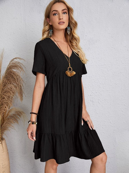Women Elegant Short Sleeve V Neck Ruffles Dress Summer Casual Solid Loose Mini Dress Chic Bohemian Sundress Beach Party Vestidos