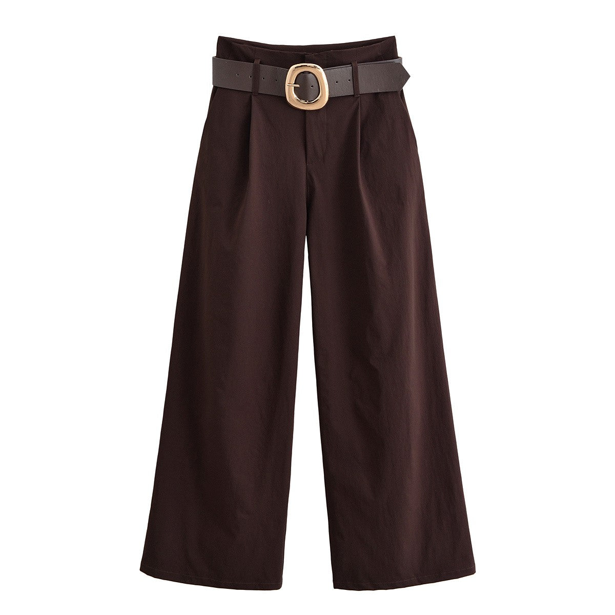 Tidalyf 2025 Women Vintage Brown Wide Leg Pants with Metal Belt High Waist Casual Trousers