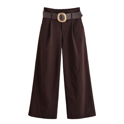 Tidalyf 2025 Women Vintage Brown Wide Leg Pants with Metal Belt High Waist Casual Trousers