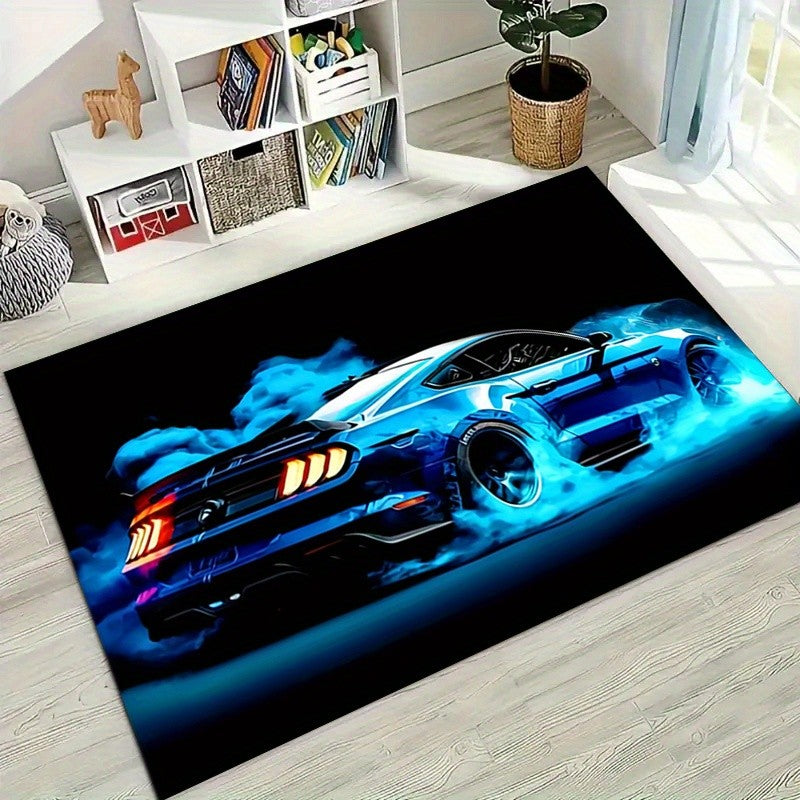 Blue Sports Car Design Area Rug, for Living Room, Bedroom, Game Room Decor - Car Art Floor Mat