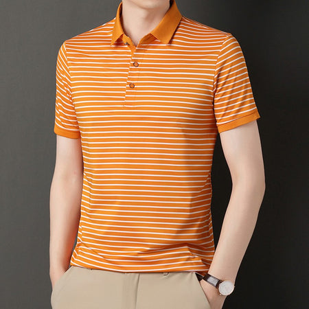 2024 Men's New Striped Cotton Business Casual Short Sleeved POLO Shirt Fashion Short Sleeved Comfortable and Breathable Top