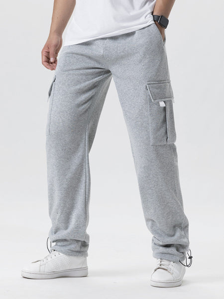 Mens Sweatpants Straight Fit Casual Pants Autumn Winter Men Running Jogger Sports Gym Trousers Solid Color Multi-pocket Pants