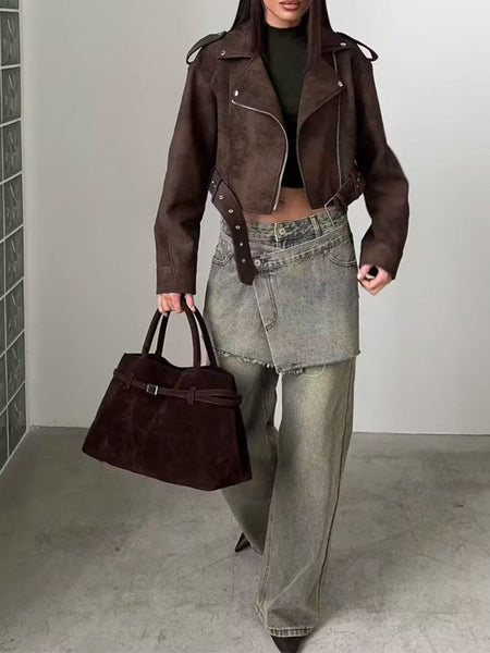 European style new women's fashion versatile temperament retro design velvet PU motorcycle jacket short coat