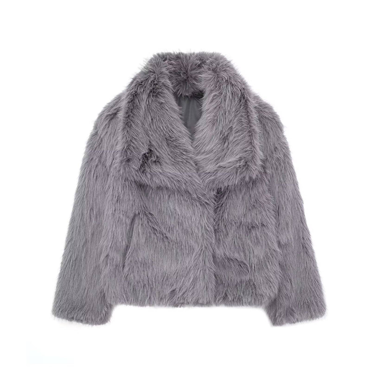 HH 2025 Vintage Women Cropped Faux Fur Jacket Long Sleeve Turn-Down Collar Female Plush Wool Coats Chic Lady Fur Outerwear