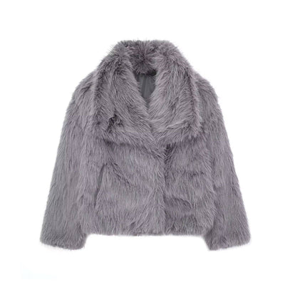 HH 2025 Vintage Women Cropped Faux Fur Jacket Long Sleeve Turn-Down Collar Female Plush Wool Coats Chic Lady Fur Outerwear