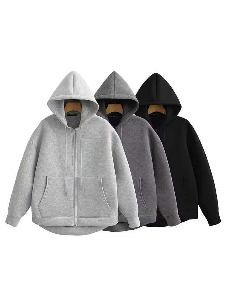 HH Autumn Winter Women's Zipper Hoodie Coat High Street Double Pockets Oversize Jakcet Loose Sweatshirts Outerwear Top