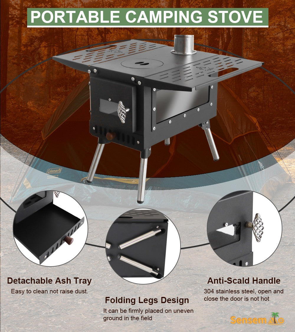 Hot Tent Wood Burning Stove Folding Stainless Steel 5-Section Chimney Outdoor Camping Wood Heater with Cooking Wing Panels