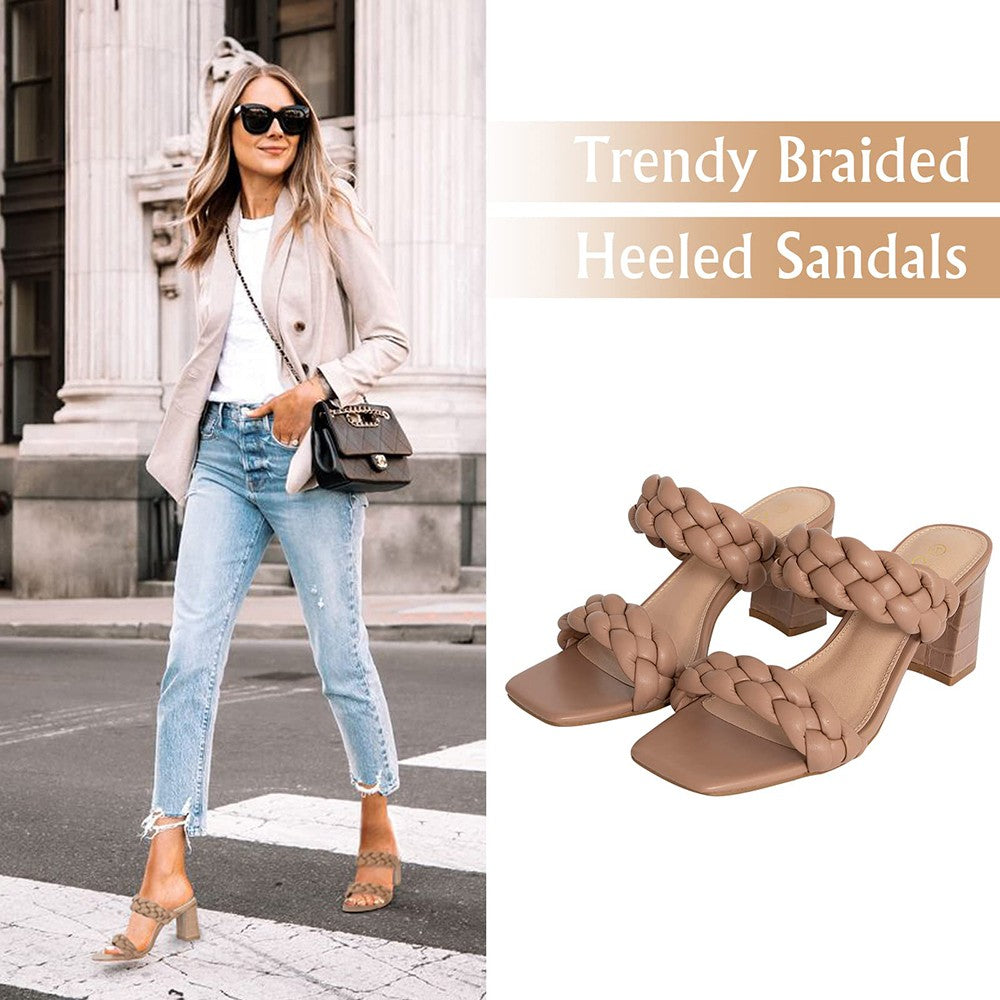 Elegant Women's Braided Heels Sandalias Fashion Strappy Square Sandals Open Toe Backless Mules Slip On Block Heeled Shoes