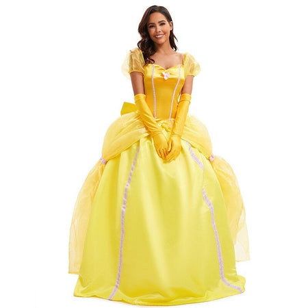 Beauty And The Beast Bell Yellow Long Dress Halloween Costume Belle Princess Dress Masquerade Carnival Adult Belle Roles Suit