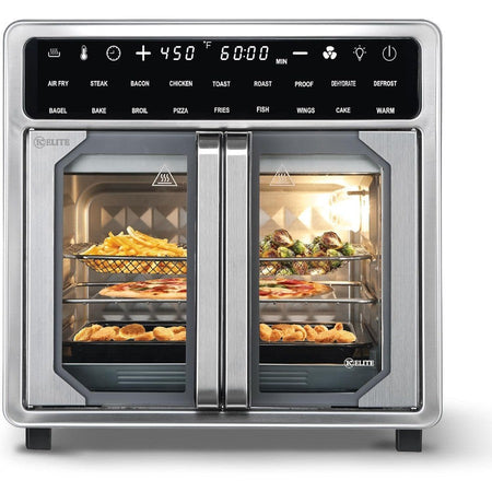 16 Quart French Door Air Fryer Oven Family Size Countertop Convection Cooker with LED Display Stainless Steel for Large Batch C