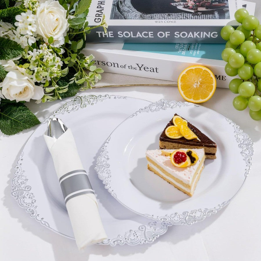 350PCS Silver Plastic Plates and PreRolled Napkins for 50 Guests Disposable Dinnerware Set with 100 Silver Disposable Plates 15