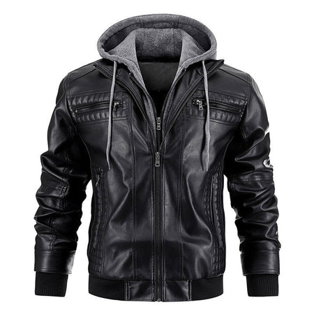 Men's PU Leather Jacket Hooded Motorcycle Slim Fit Casual Coats Men Autumn Winter Windproof Hat Detachable Biker Leather Outwear