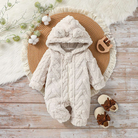 Baby Boys Cute Winter 2024 Long Sleeve Hooded Fashion Plush Jumpsuit For Streetwear Warm Clothes