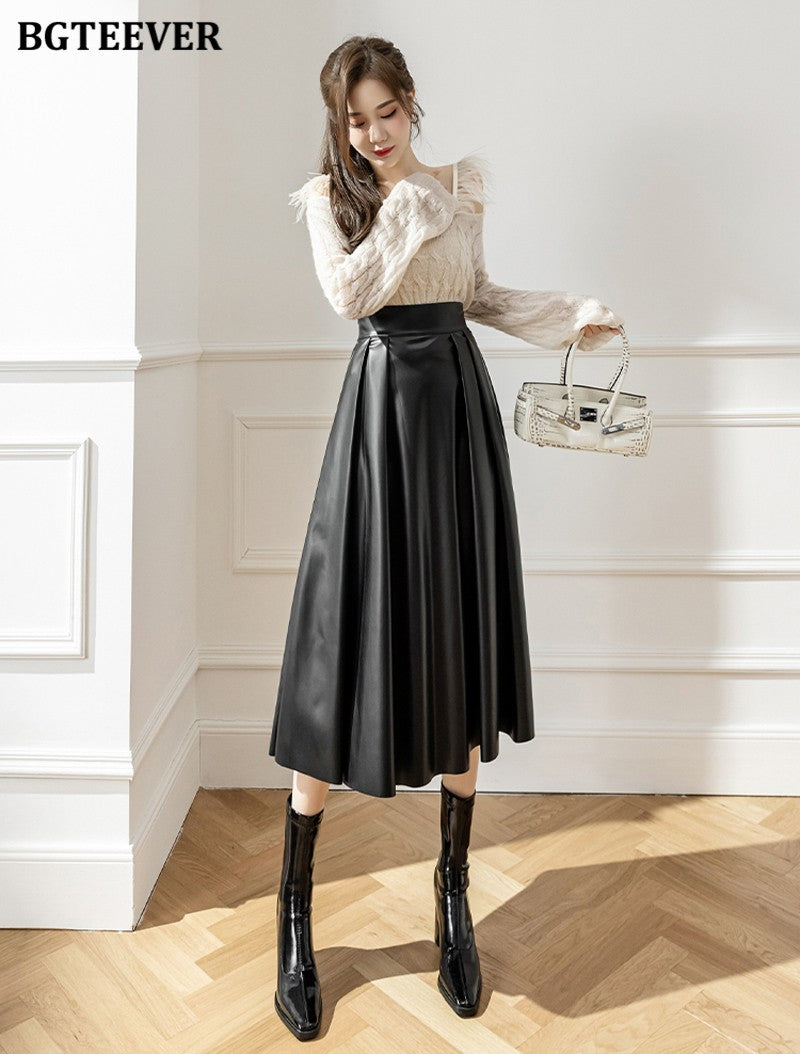 BGTEEVER Spring Autumn Loose PU Leather A-line Skirts Women Elegant High Waist Pleated Faux Leather Skirts Female