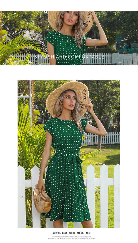 Summer Dresses For Women High Waist Midi Elegant Pleated Polka Dots Office Lady Dinner Party Vacation Dress Female Clothing Robe