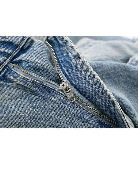HH 2024 Women's Street Fashion Denim Blue Jeans Distressed Patchwork High Waist Zipper Fly Ripped Retro Long Pants