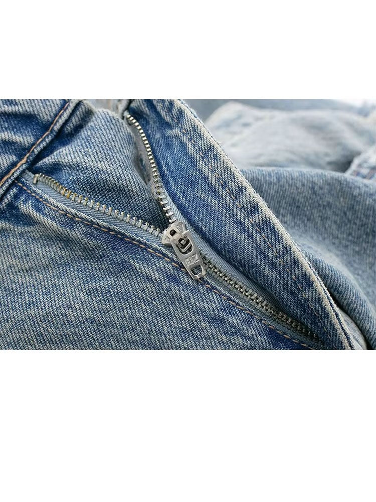 HH 2024 Women's Street Fashion Denim Blue Jeans Distressed Patchwork High Waist Zipper Fly Ripped Retro Long Pants