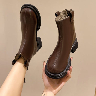 New Women Ankle Boots Fashion Female Square Heel Low-Heel Shoes Lady Boots Leather Woman Low-heel Keep Warm Ankle Boots Q109