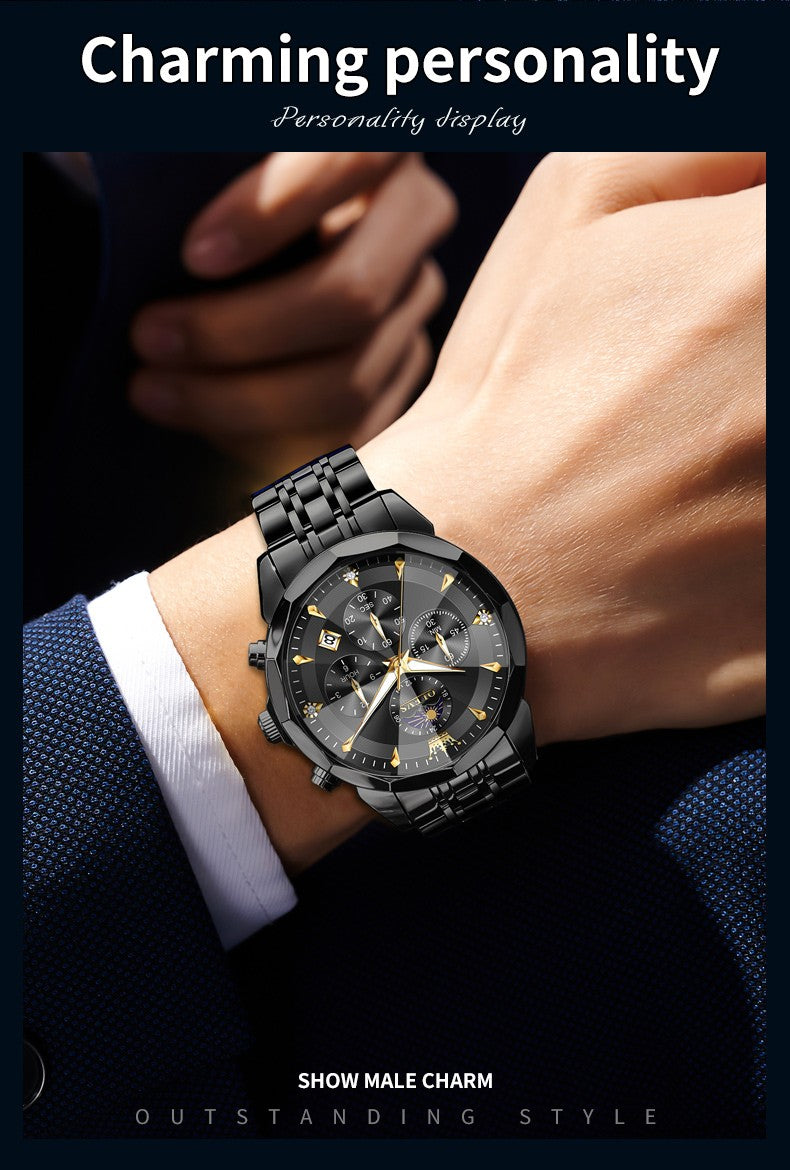 OLEVS Original Fashion Moon Phase Men's Watches Waterproof Chronograph Quartz Watch Stainless steel Calendar Brand Wristwatch